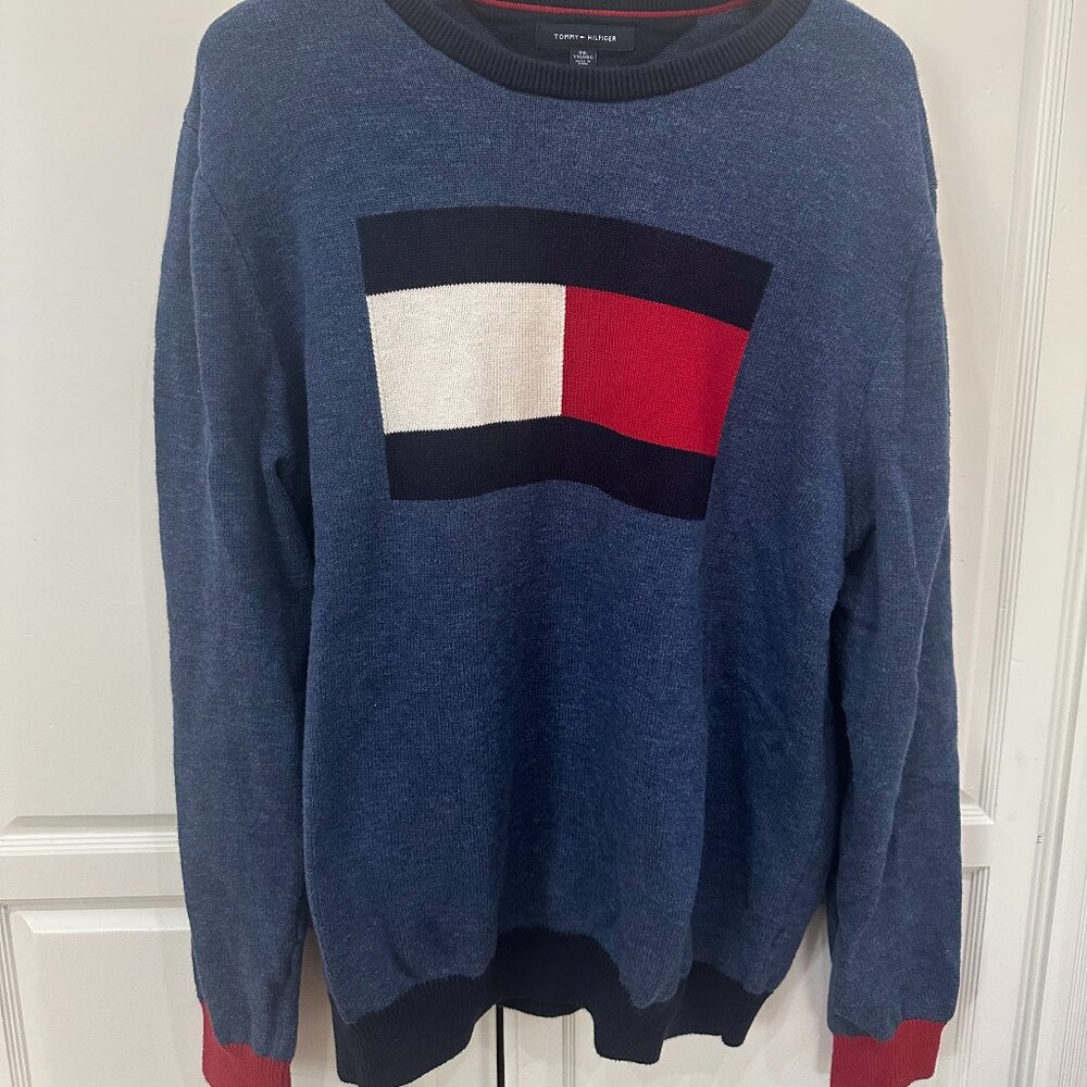Tommy Hilfiger Logo Patch Sweater Navy Knit Crew Neck - Men's XXL Long Sleeve